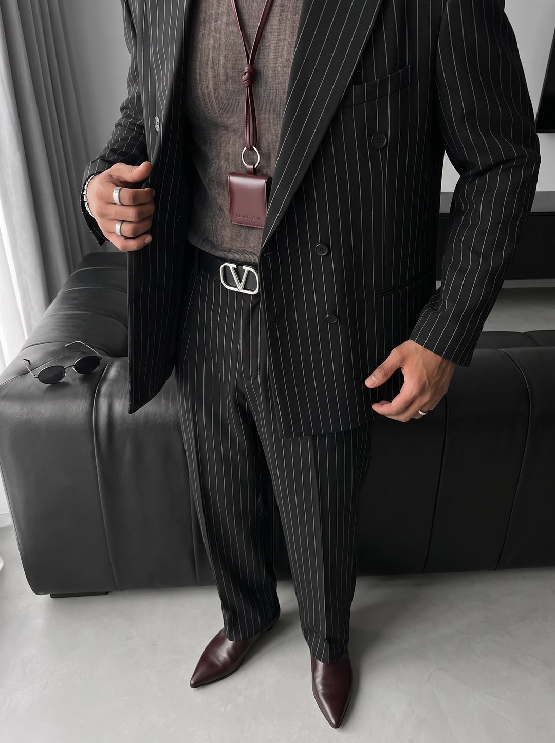 Oversize Pinstripe Dubbelknäppt Kostym - Svart