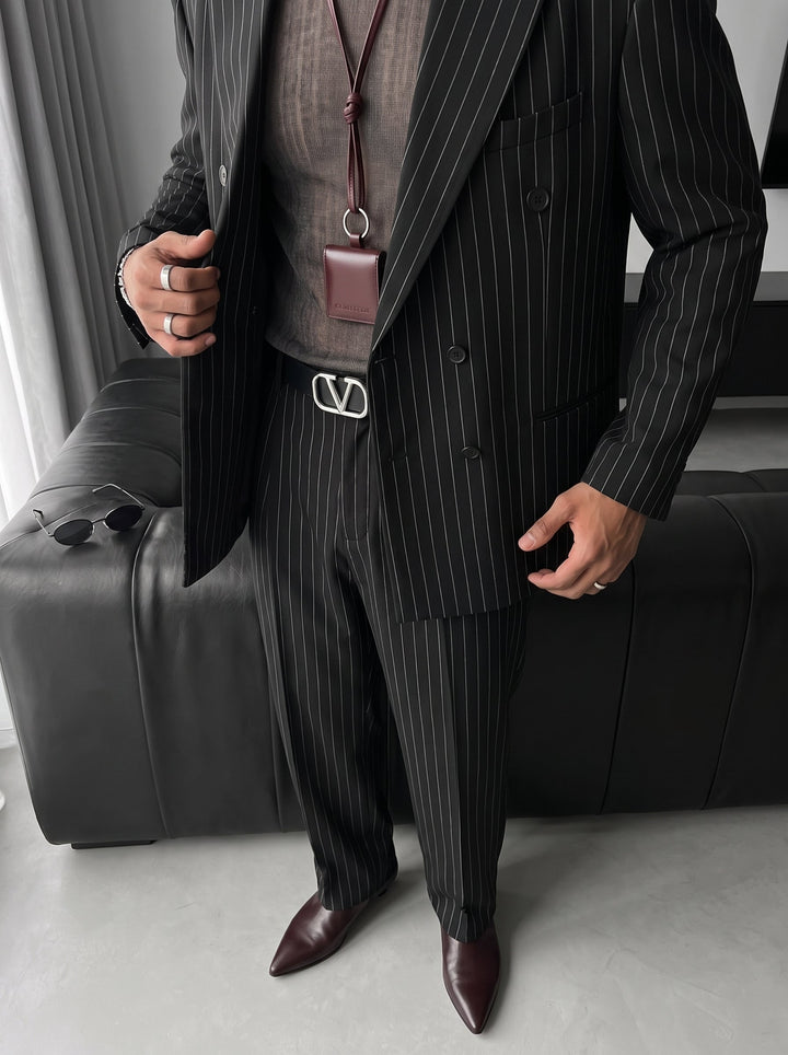Oversize Pinstripe Dubbelknäppt Kostym - Svart