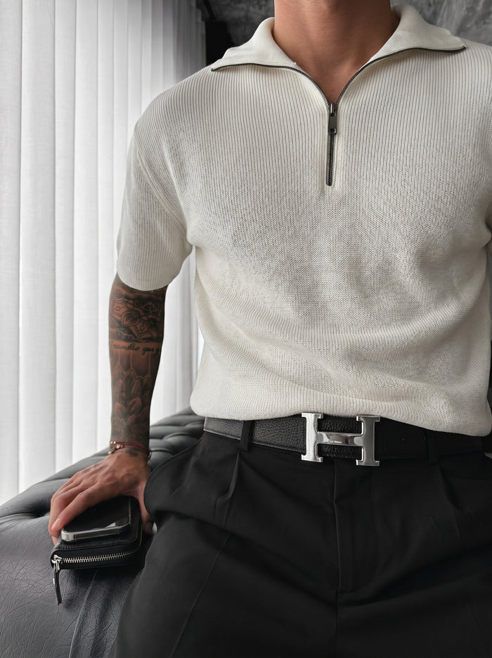 Oversize Zip Neck Knit T-shirt - Ecru