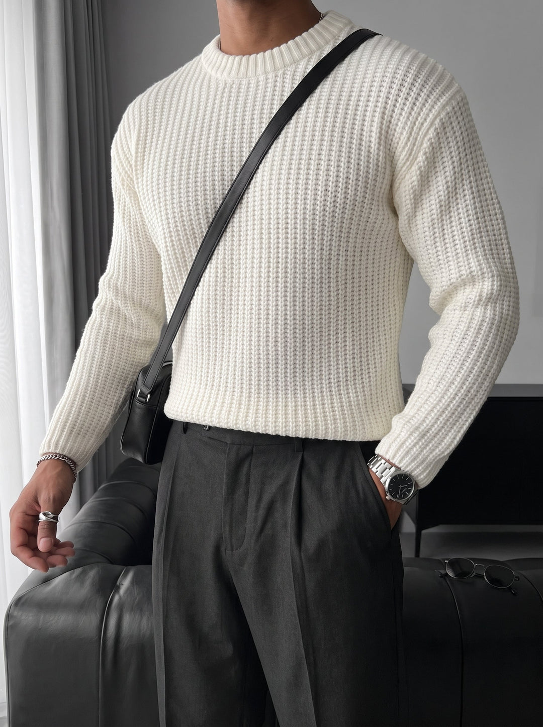 Slim Fit Flätad Stickad Tröja - Vit