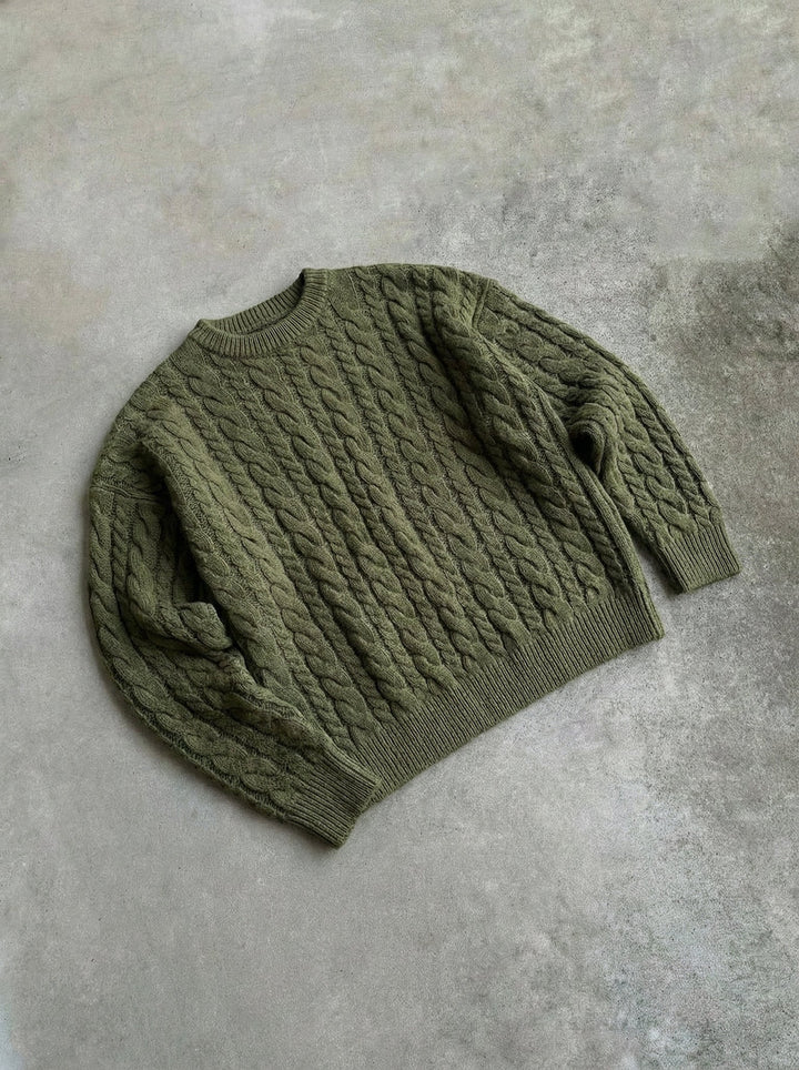 Oversize Stickad Fläta Tröja - Khaki