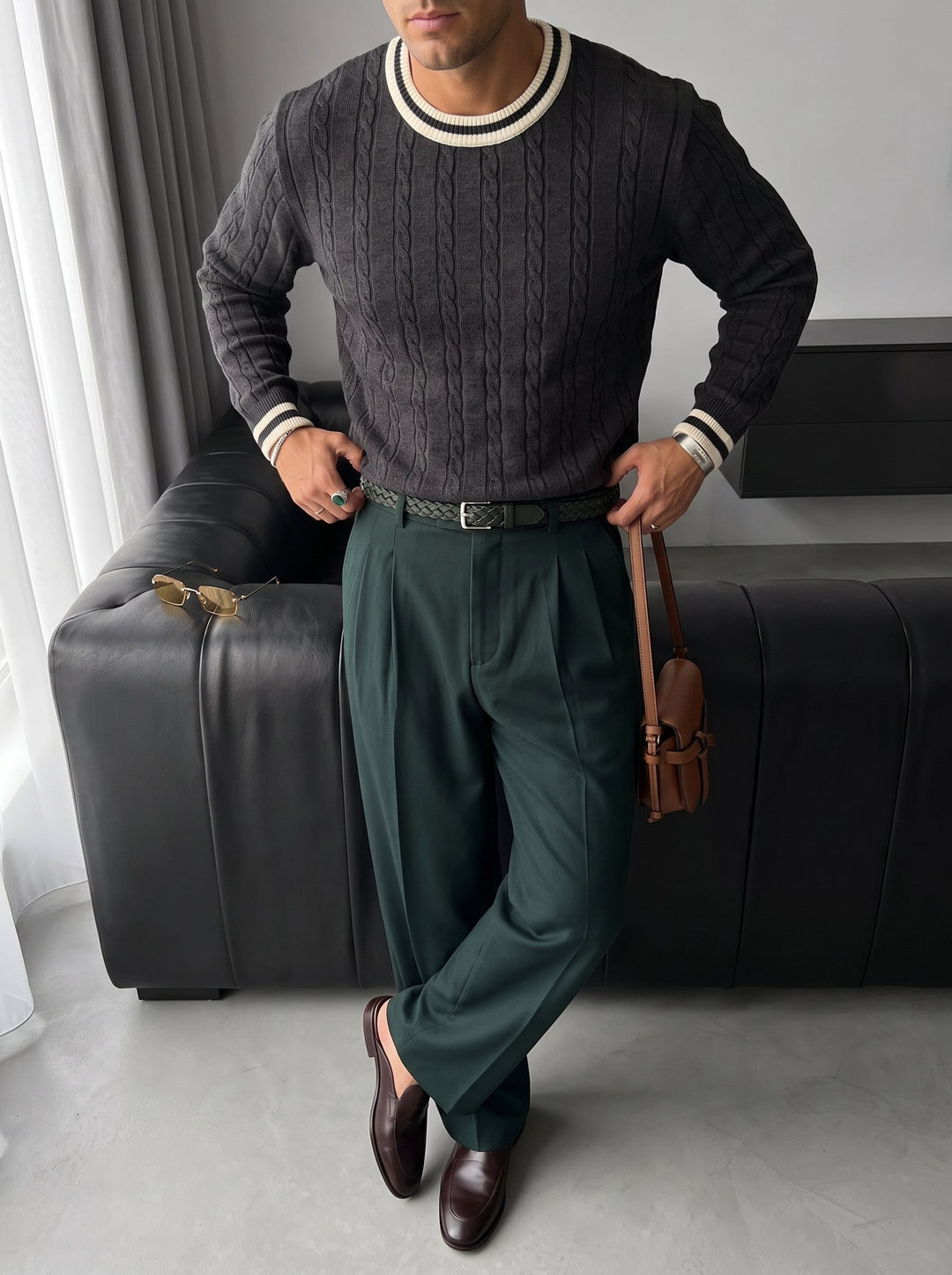 Regular Fit Braid Knit Sweater - Antracit