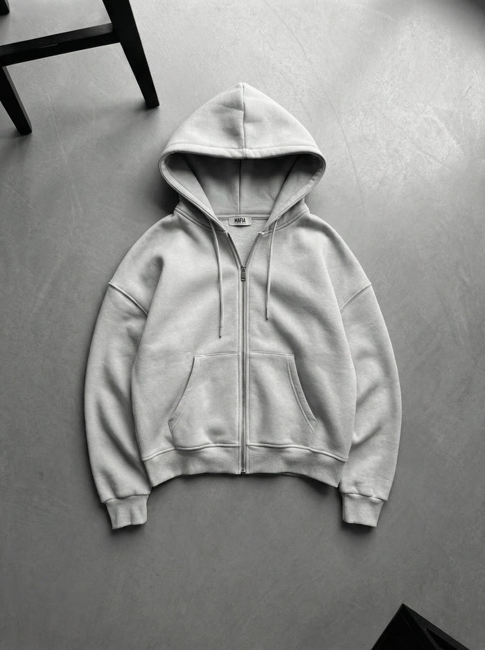 Oversize Basic Dragkedja Hoodie - Grå