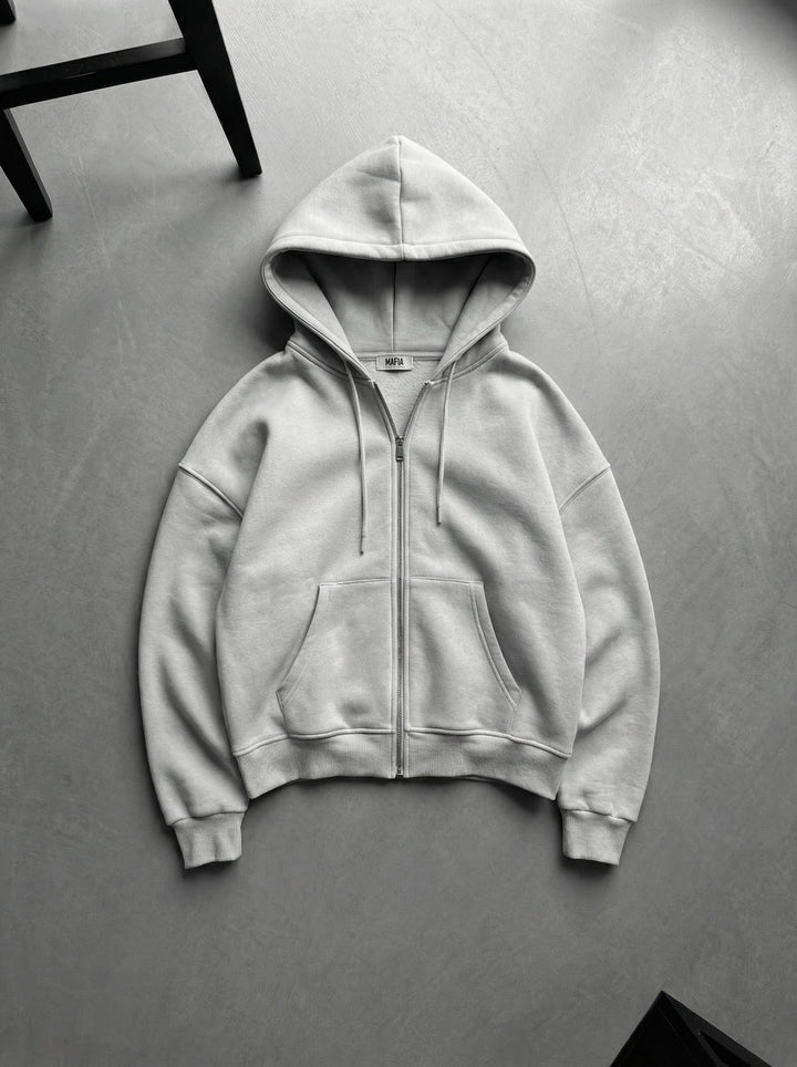 Oversize Basic Dragkedja Hoodie - Grå