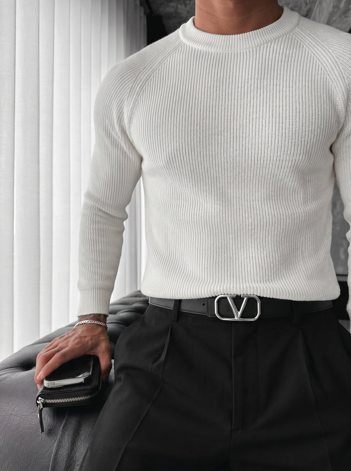 Slim Fit Tunn Stickad Tröja - Ecru