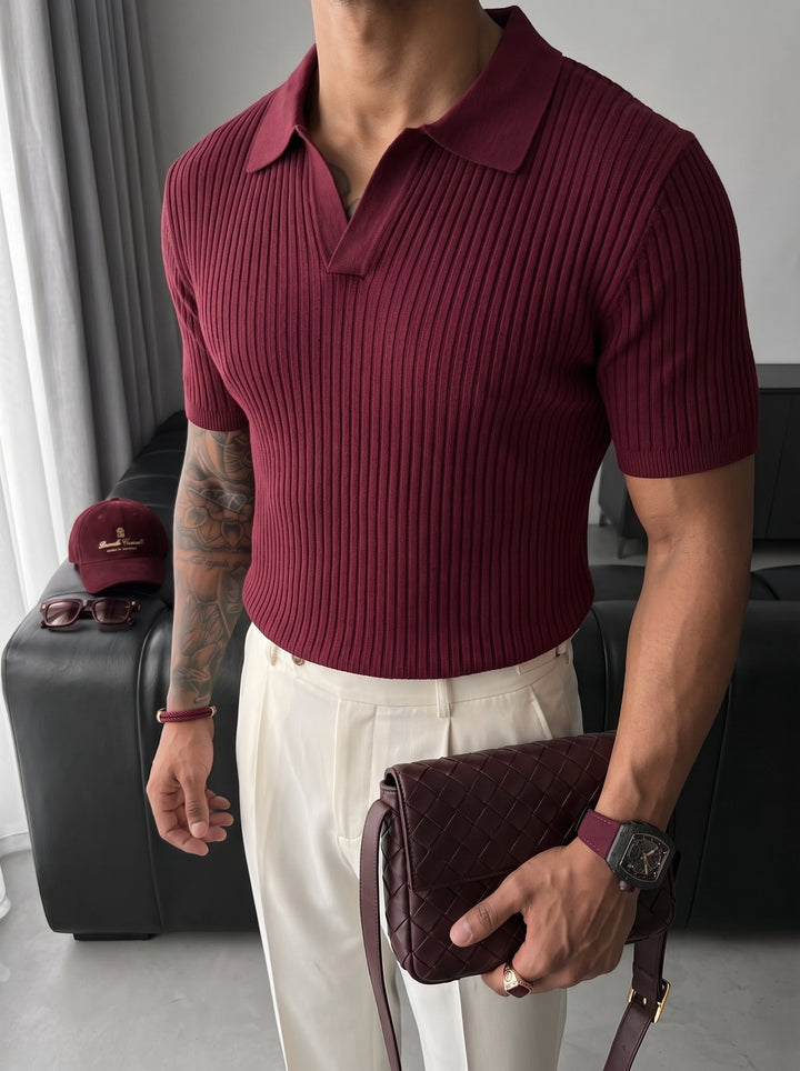 Slim Fit Stickad Polo T-shirt - Plommon