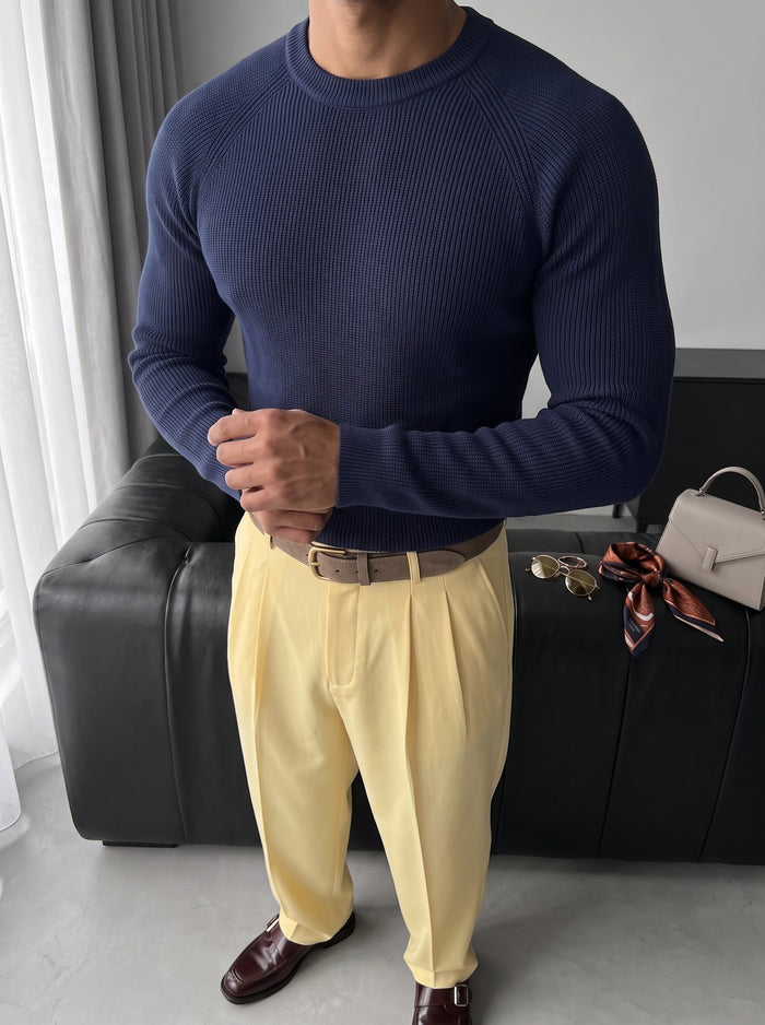 Slim Fit Tunn Stickad Tröja - Marinblå