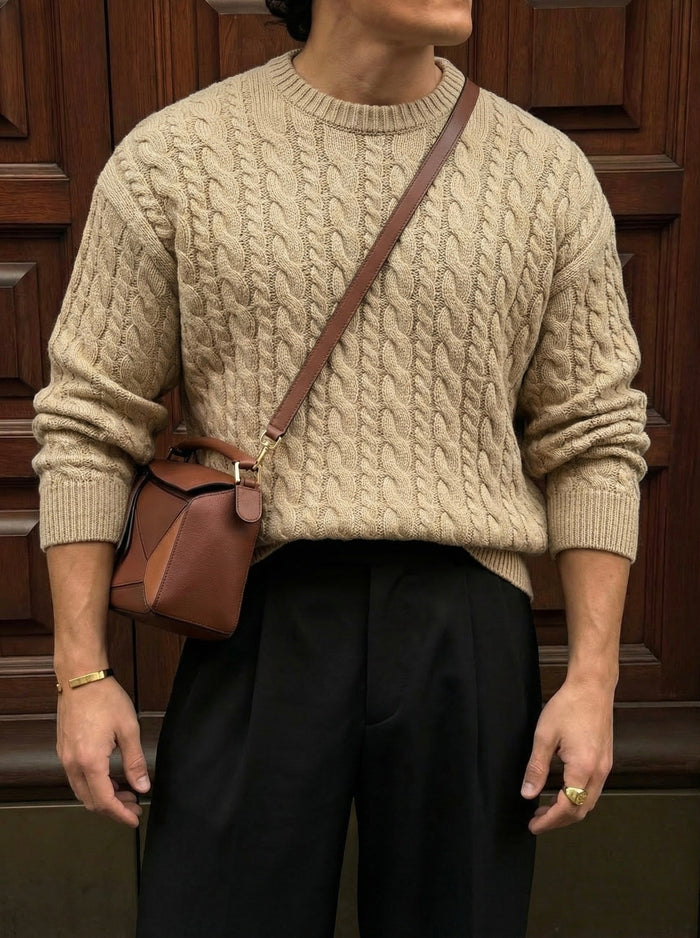 Oversize Stickad Flätad Tröja - Beige