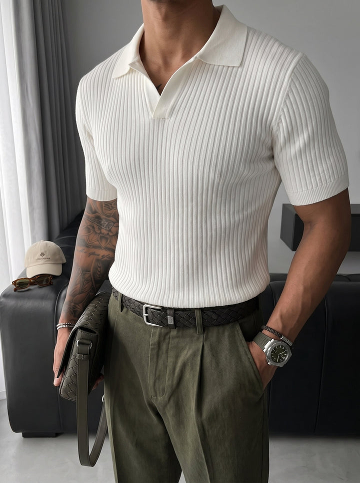 Slim Fit Knit Polo T-Shirt - Vit