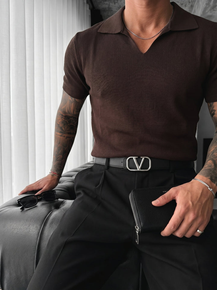Lös passform finstickad krage T-shirt - Mörkbrun