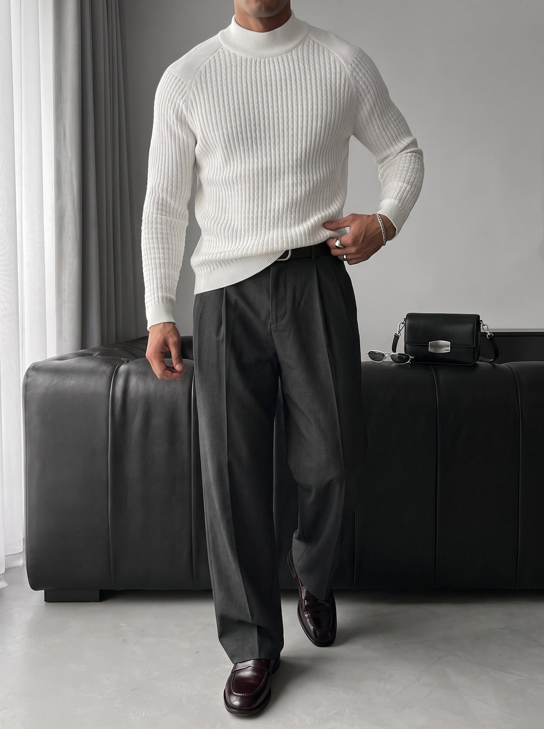 Slim Fit Mock Neck Knit Sweater - Ecru