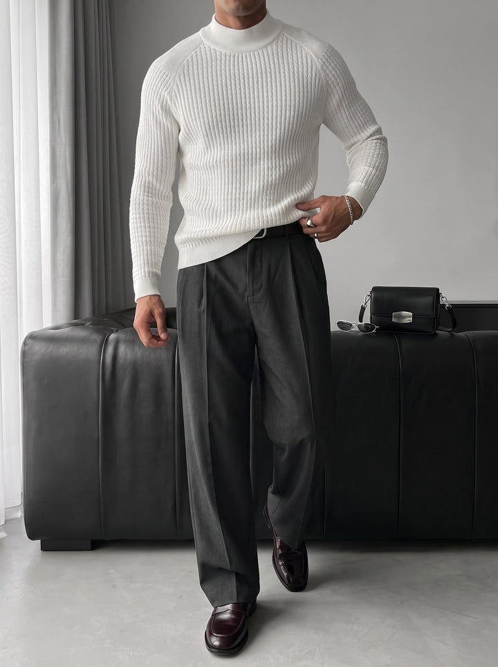 Slim Fit Mock Neck Knit Sweater - Ecru