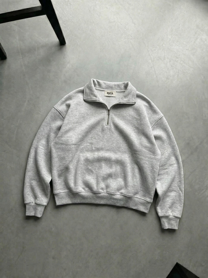 Oversize Halv-Zip Polo Sweatshirt - Ljus Grå Melange