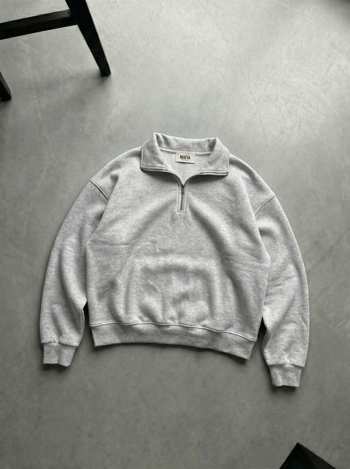 Oversize Halv-Zip Polo Sweatshirt - Ljus Grå Melange
