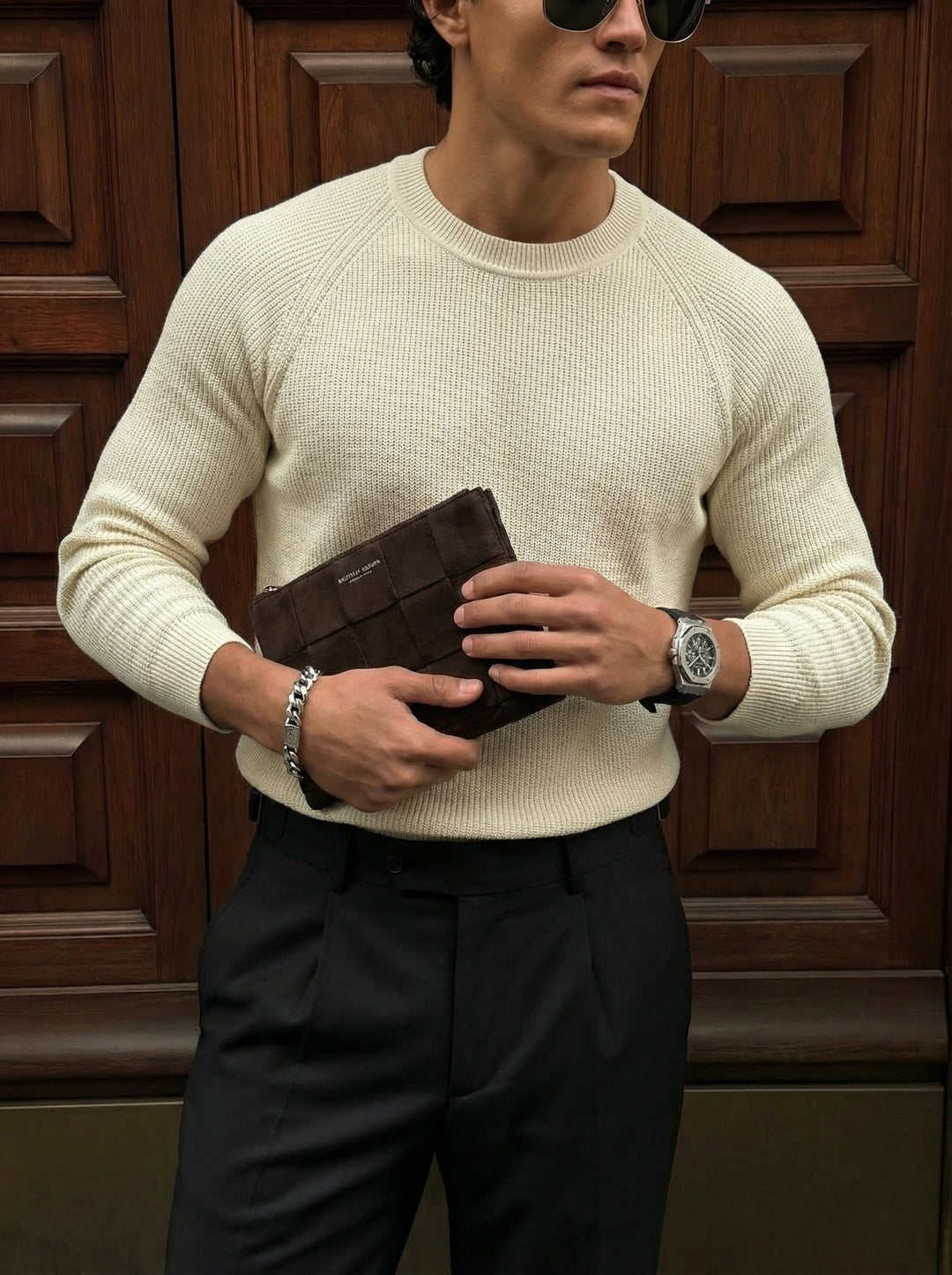 Slim Fit Tunn Stickad Tröja - Beige