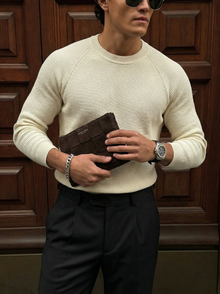 Slim Fit Tunn Stickad Tröja - Beige