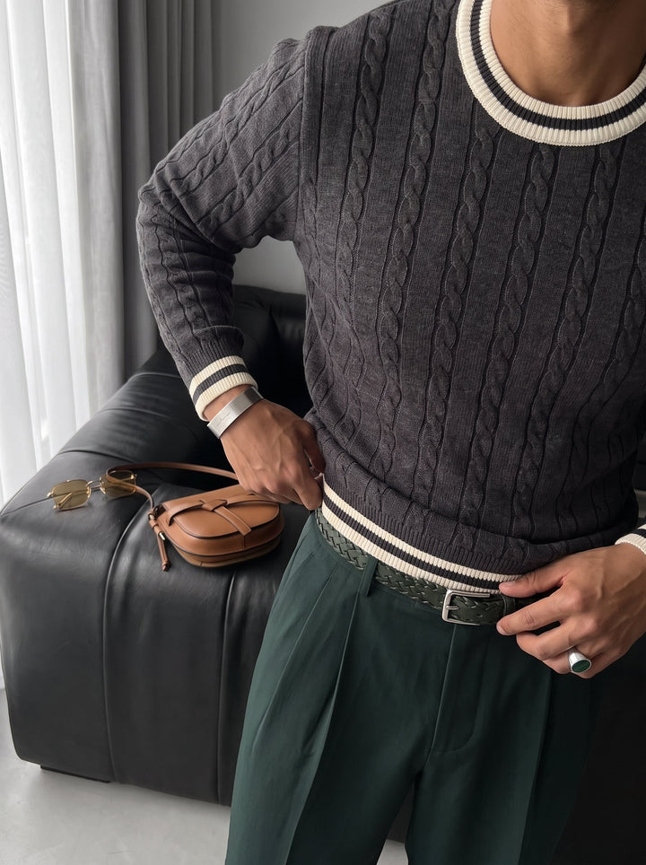 Regular Fit Braid Knit Sweater - Antracit
