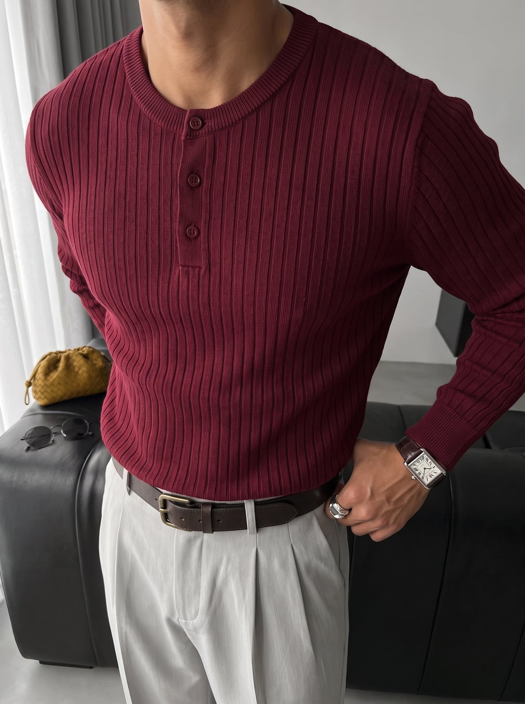 Slim Fit Knappstickad Tröja - Bordeaux