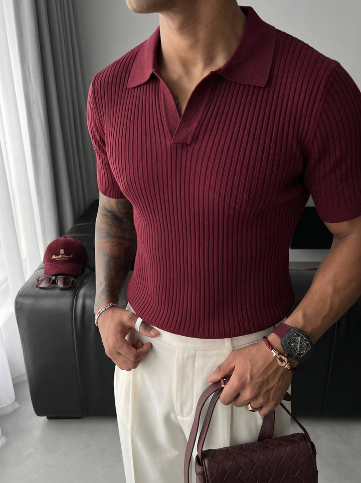 Slim Fit Stickad Polo T-shirt - Plommon