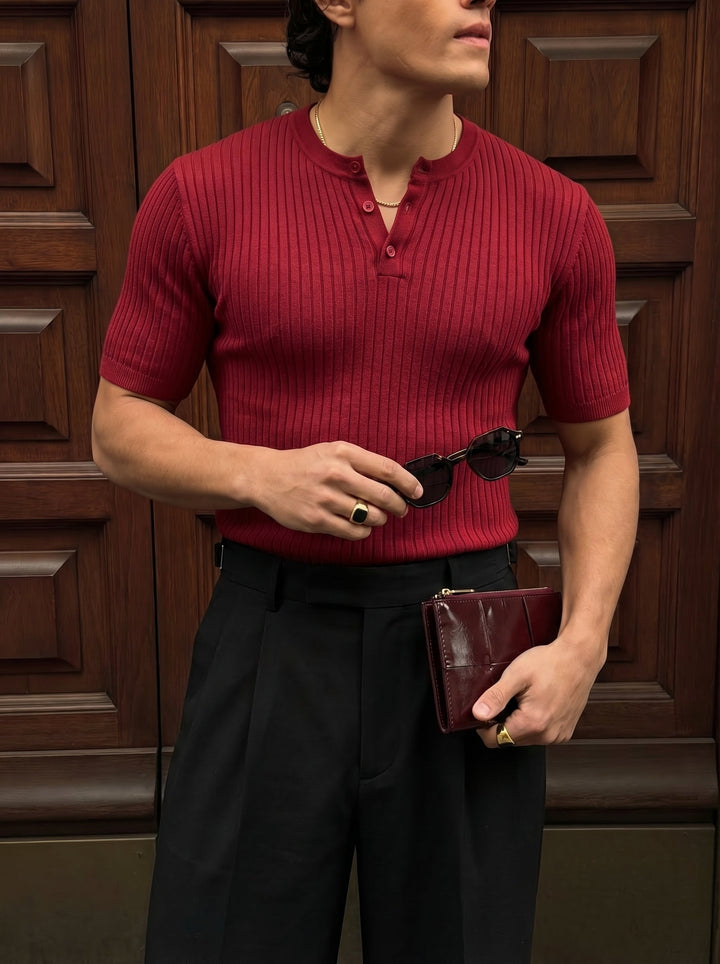Slim Fit Knappstickad T-shirt - Bordeaux