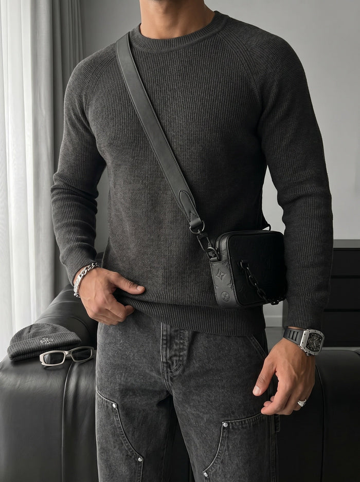 Slim Fit Tunn Stickad Tröja - Antracit