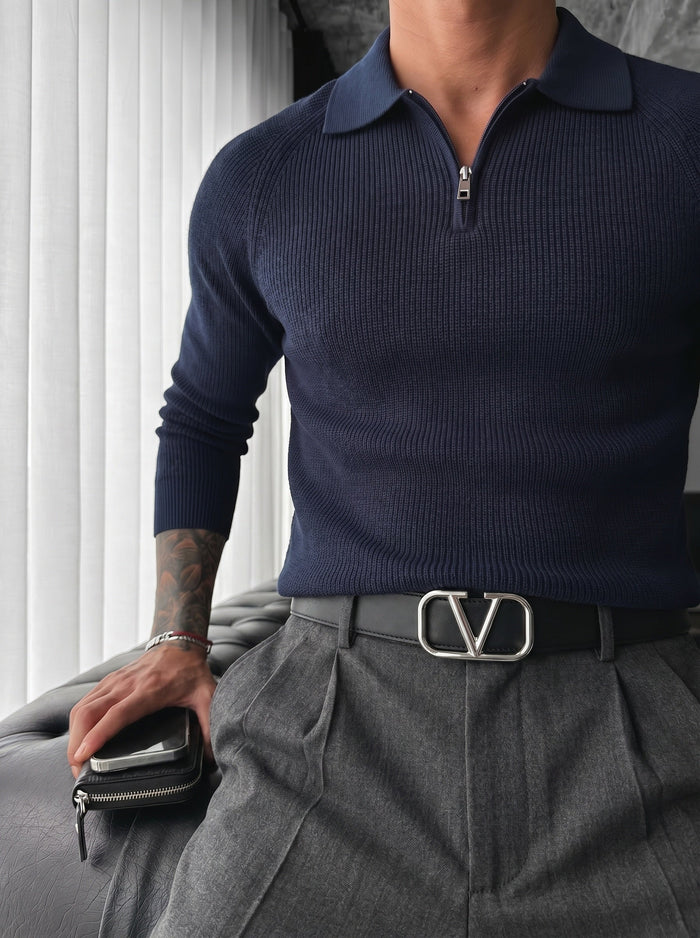 Slim Fit Knit Zipper Polo Tröja - Mörkblå