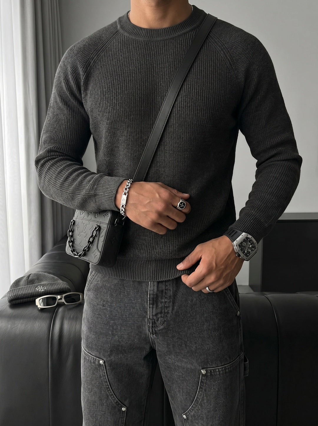 Slim Fit Tunn Stickad Tröja - Antracit