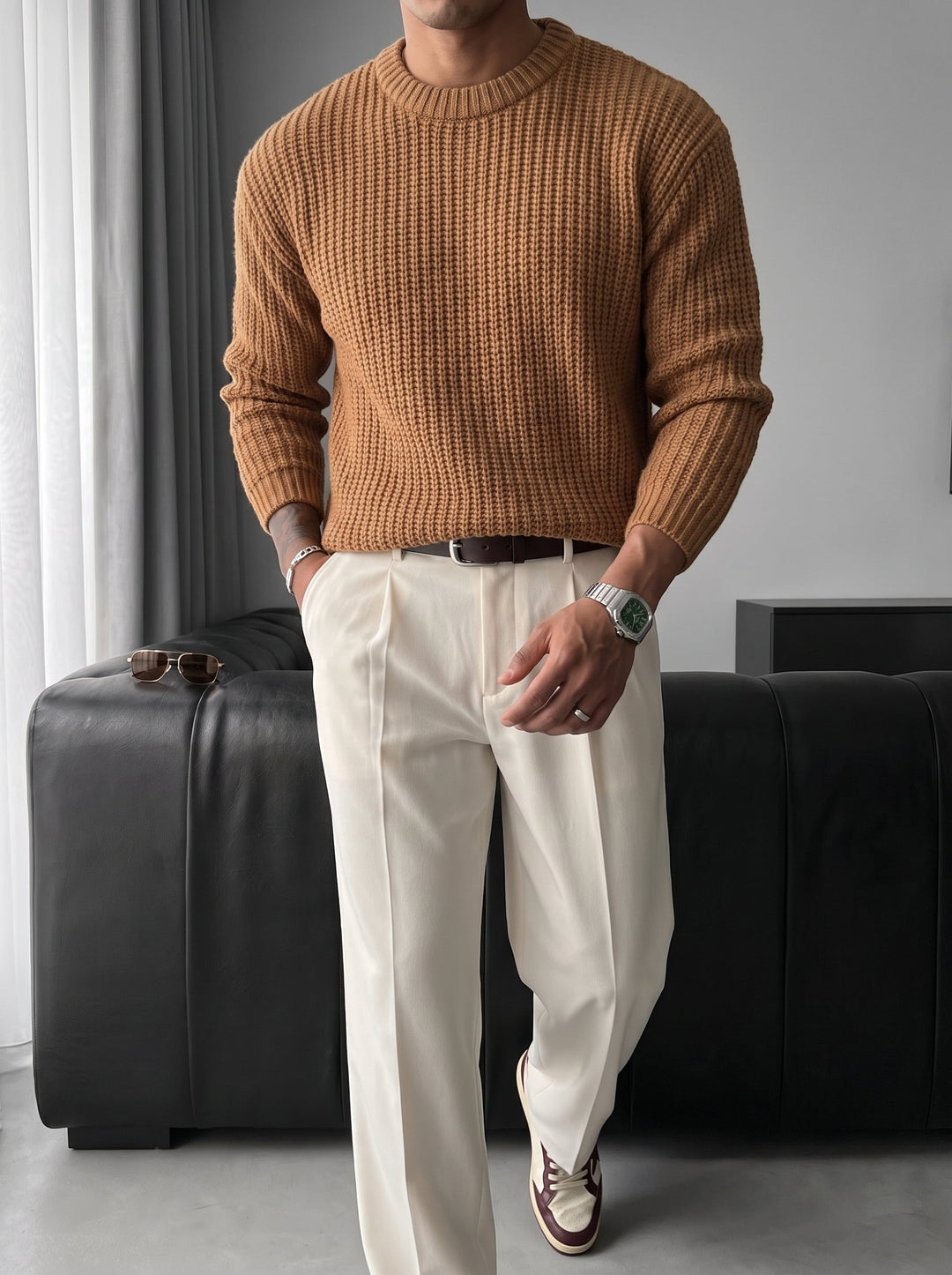 Slim Fit Braid Knit Sweater - Saffran
