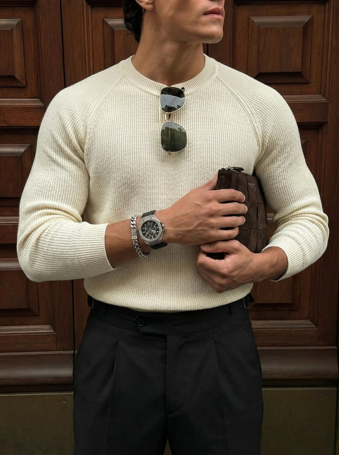 Slim Fit Tunn Stickad Tröja - Beige