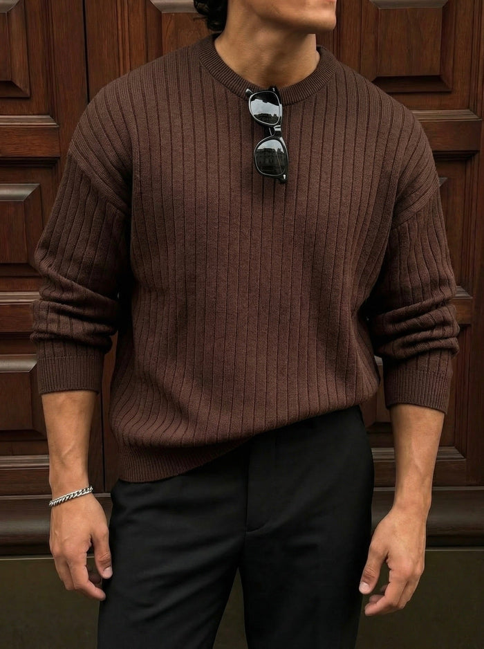 Oversize Vid Ribbad Långärmad Stickad Sweatshirt - Mörkbrun