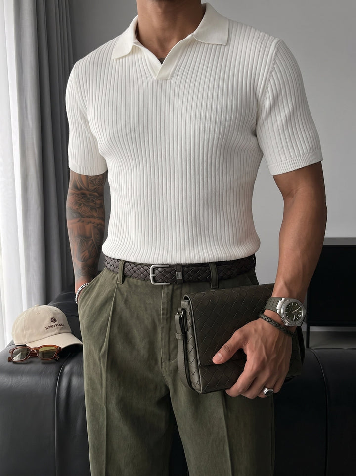 Slim Fit Knit Polo T-Shirt - Vit