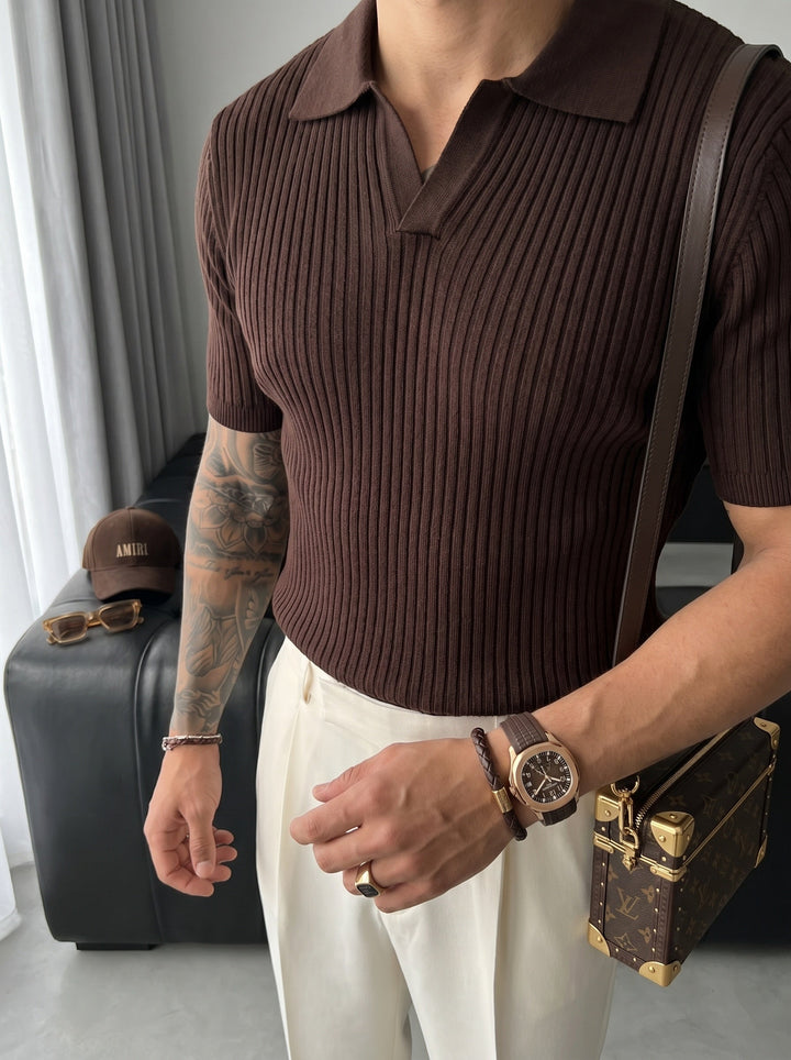 Slim Fit Stickad Polo T-shirt - Mörkbrun