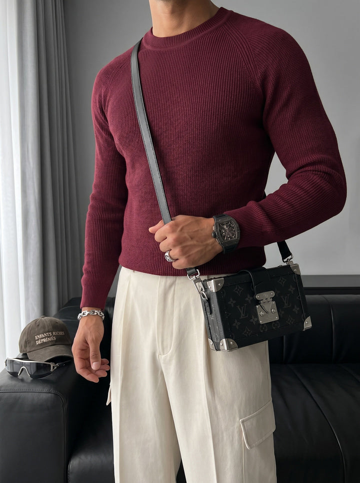 Slim Fit Tunn Stickad Tröja - Plommon