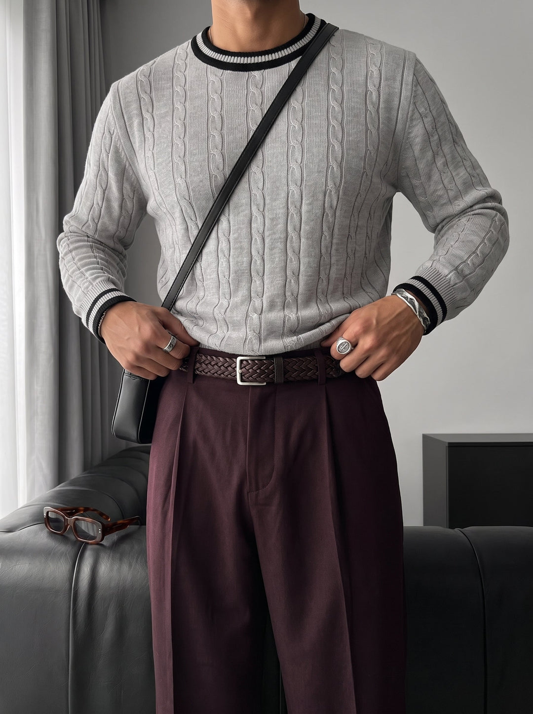 Regular Fit Braid Knit Sweater - Grå