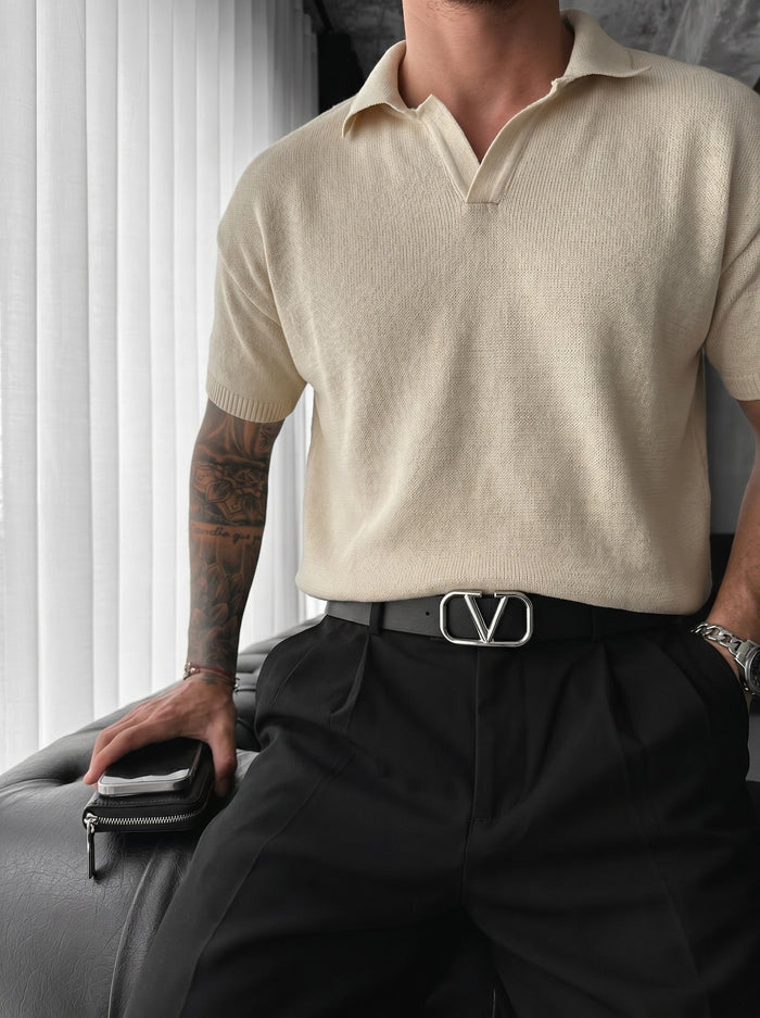 Överdimensionerad Krage Stickad T-shirt - Grädde