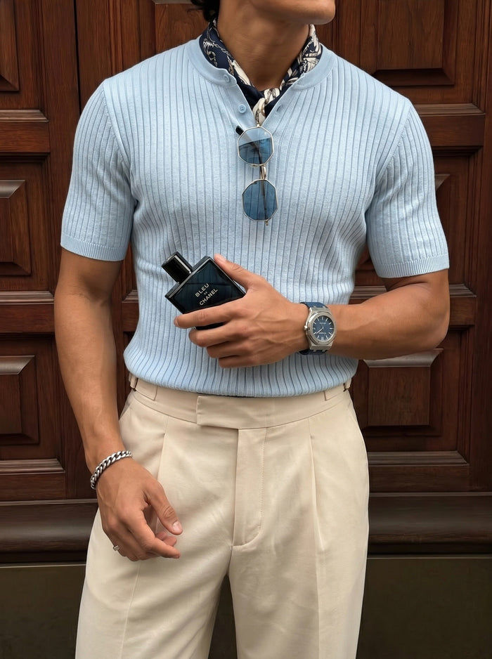 Slim Fit Button Knit T-shirt - Babyblå