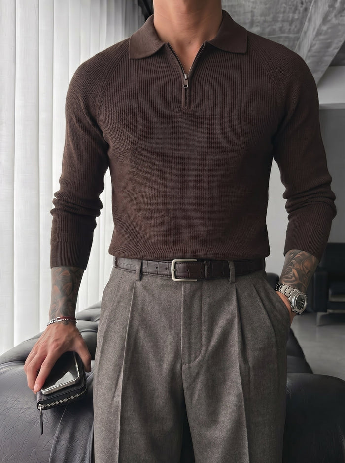Slim Fit Stickad Zip Polo Tröja - Mörk Brun