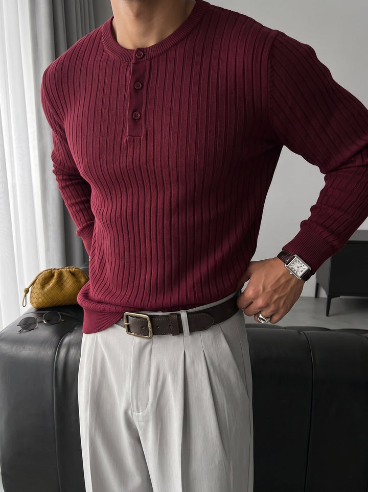 Slim Fit Knappstickad Tröja - Bordeaux