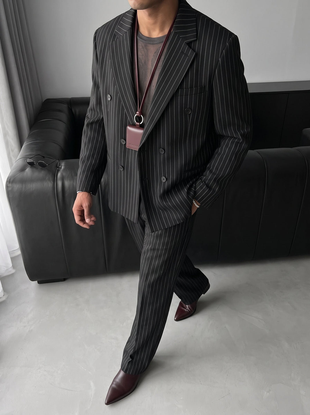 Oversize Pinstripe Dubbelknäppt Kostym - Svart