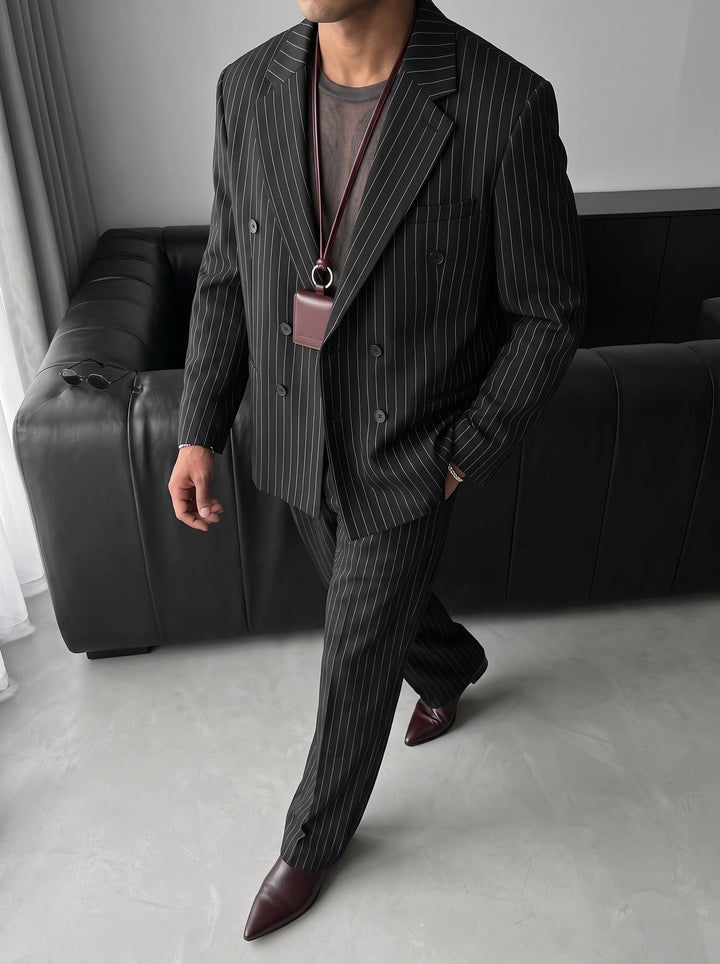 Oversize Pinstripe Dubbelknäppt Kostym - Svart
