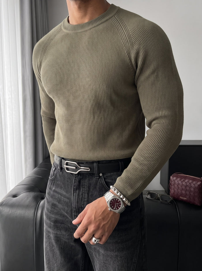 Slim Fit Tunn Stickad Tröja - Khaki