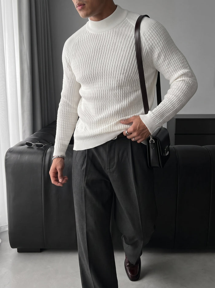 Slim Fit Mock Neck Knit Sweater - Ecru
