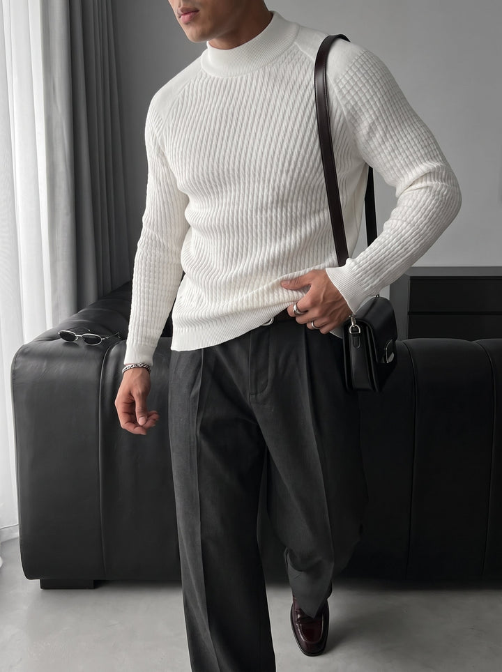 Slim Fit Mock Neck Knit Sweater - Ecru
