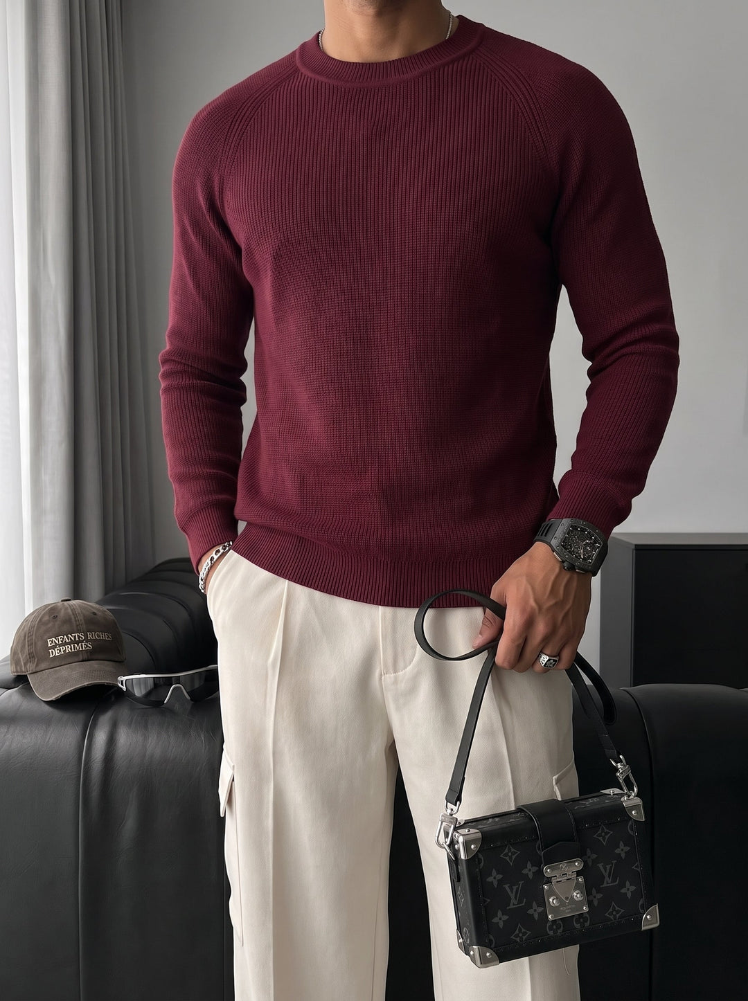 Slim Fit Tunn Stickad Tröja - Plommon
