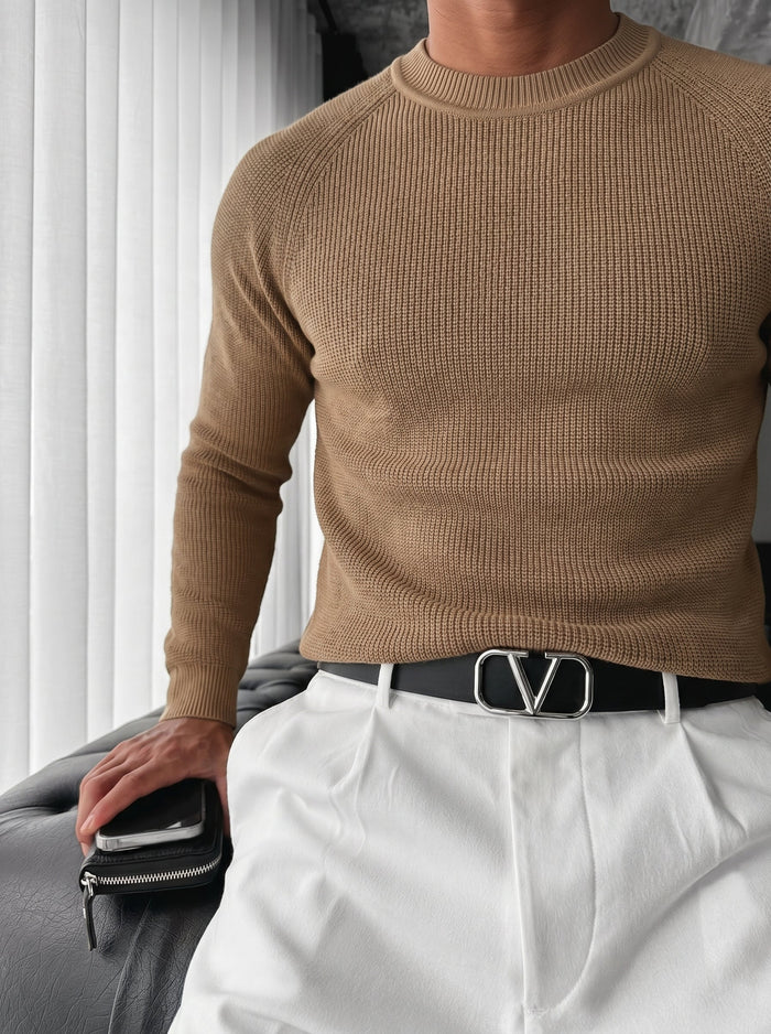 Slim Fit Tunn Stickad Tröja - Kamel