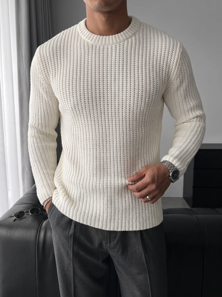 Slim Fit Flätad Stickad Tröja - Vit