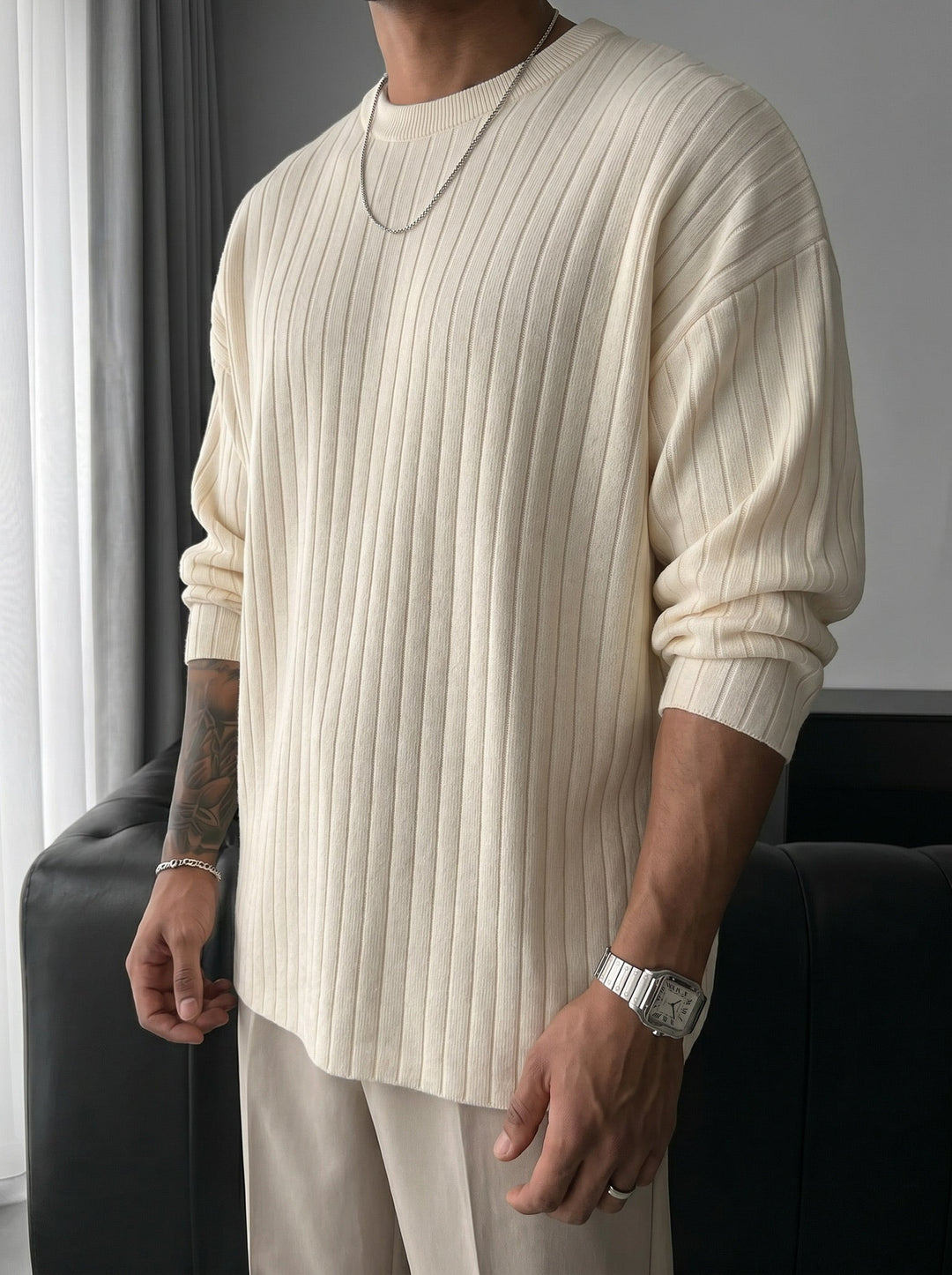 Överdimensionerad Bred Ribbad Långärmad Stickad Sweatshirt - Sten