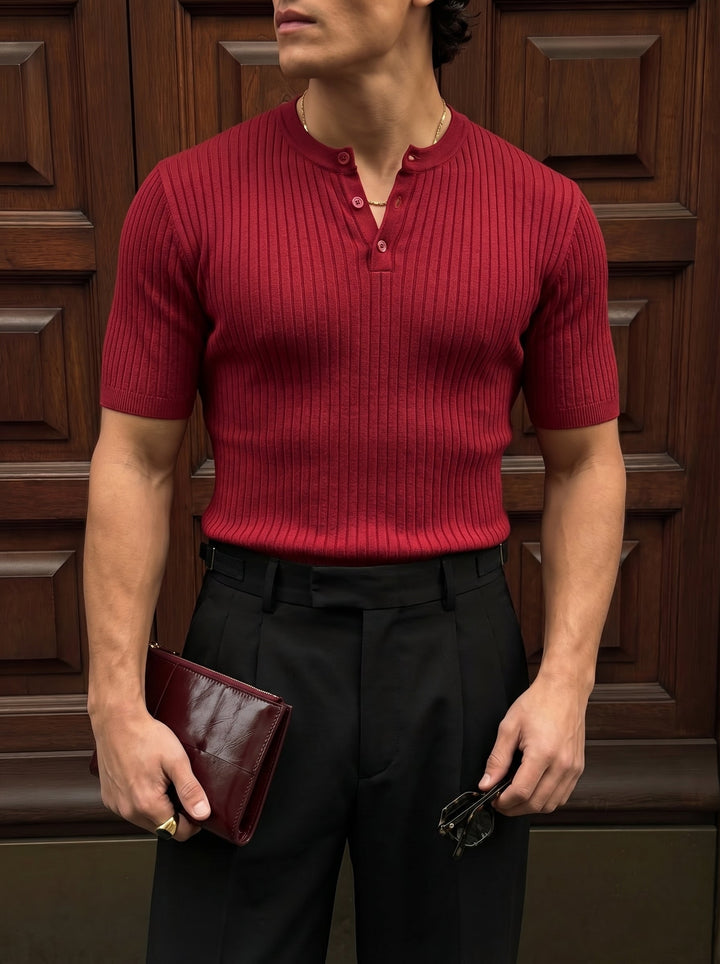 Slim Fit Knappstickad T-shirt - Bordeaux