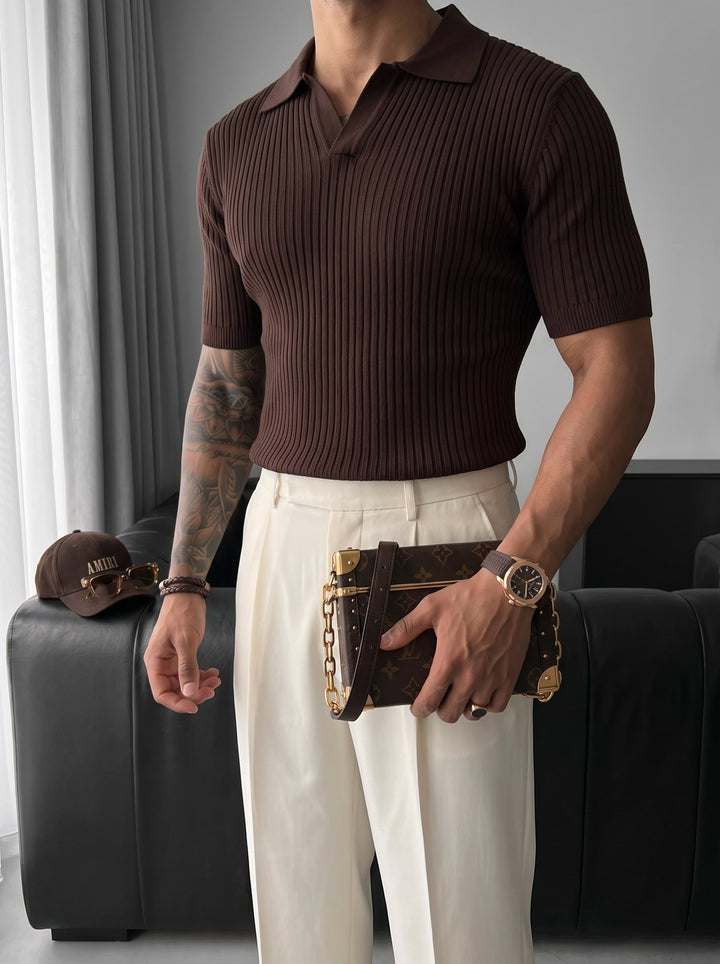 Slim Fit Stickad Polo T-shirt - Mörkbrun