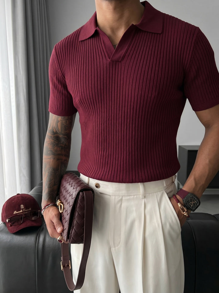 Slim Fit Stickad Polo T-shirt - Plommon